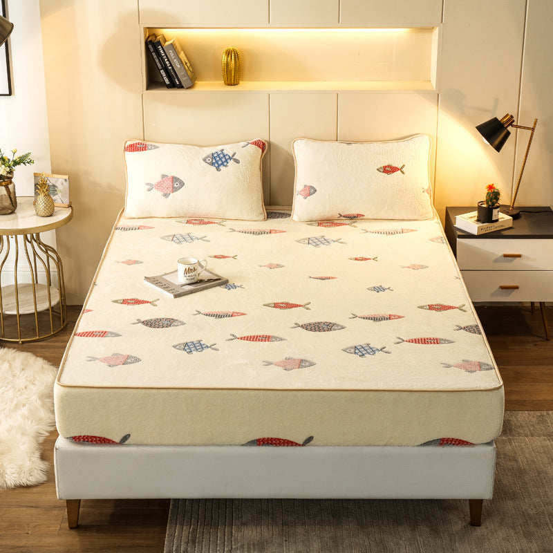 Thickened Snow Fleece Bed Sheet Set Digital Print Warm Bedding