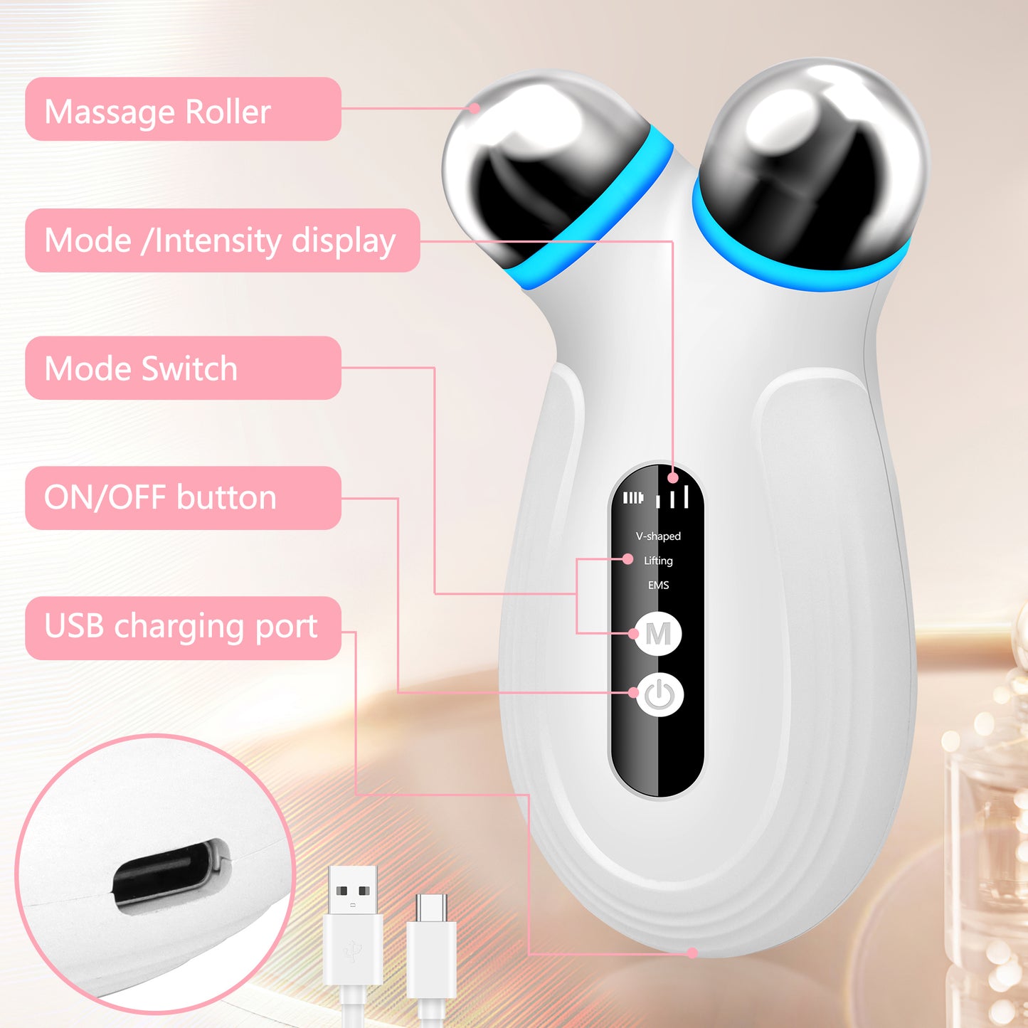 Microcurrent Facial Toning Device for Skin Tightening and Anti-Aging - White