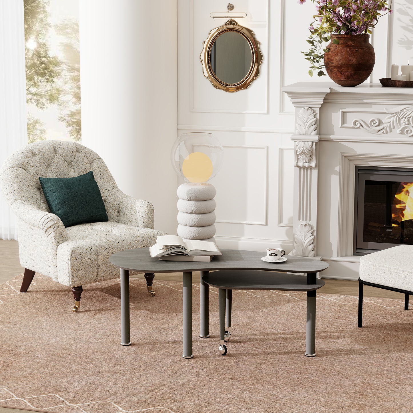 Contemporary Rotatable Cocktail Table With Solid Rubber Wood Legs,