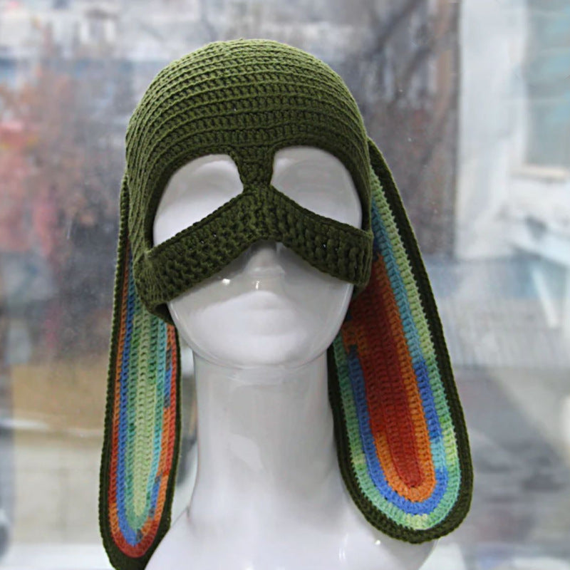 Knitted Rabbit Ear Mask Hat - Funny One-Eye Exposed Horn Thermal & Windproof