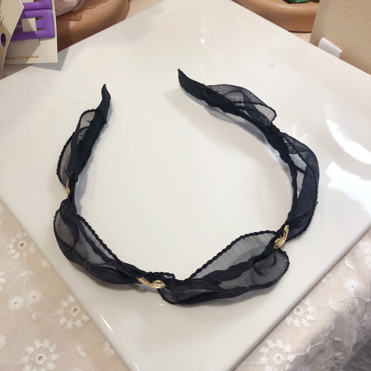 Black Rhinestone Hair Hoop - Exaggerated Wooden Ear Headdress for Hair Styling