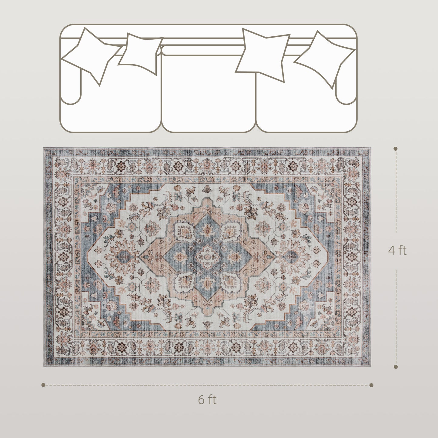 Vintage Machine Washable 4x6 Area Rug - Brown & Light Blue