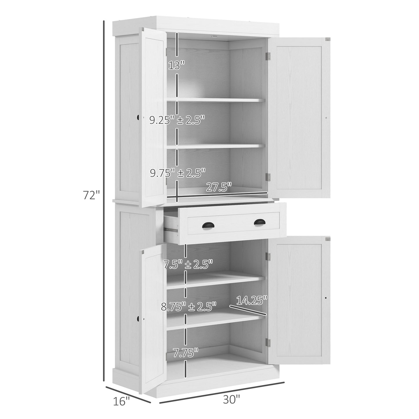 72.5" Freestanding Kitchen Pantry Cabinet with Doors & Shelves - White Wood Grain