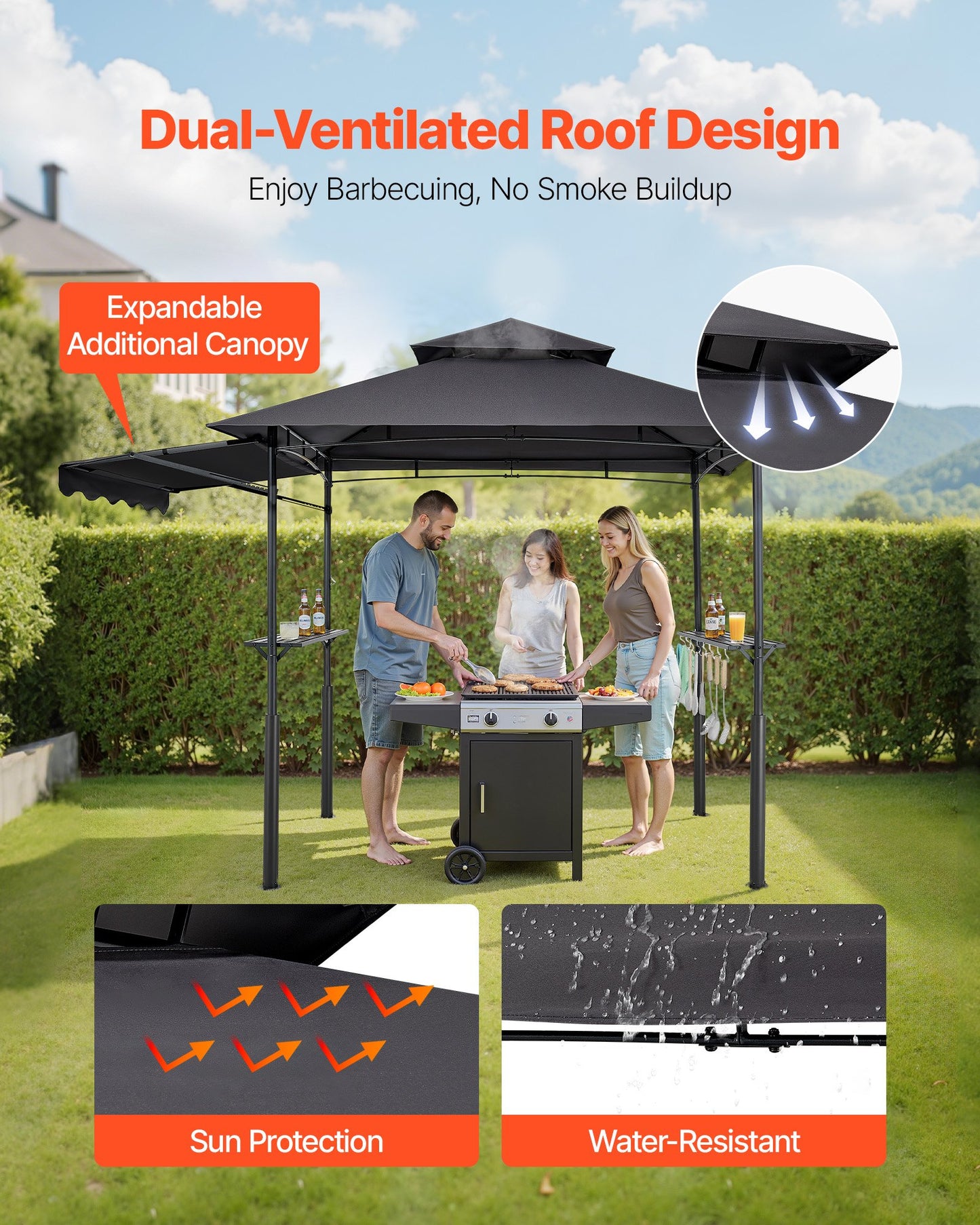 8x5 ft Reinforced BBQ Grill Gazebo Canopy with Double-Tiered Roof & Side Awnings