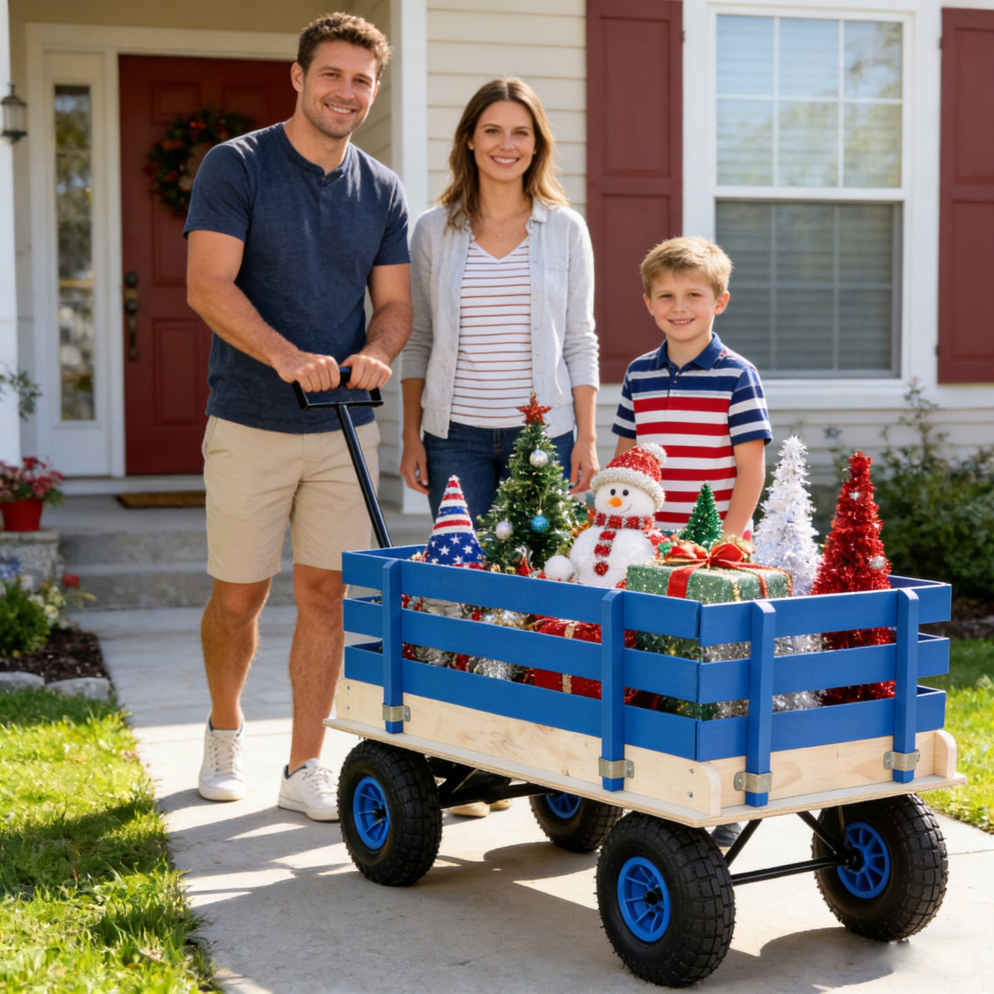 Blue Wooden Kids Pull Wagon with Removable Side Rails & All-Terrain Wheels