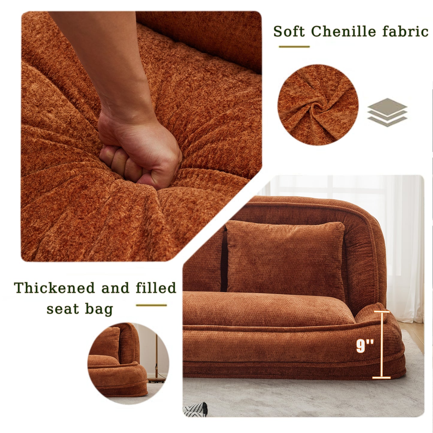 Extra Large Chenille Lazy Sofa Loveseat for Humans & Pets - Orange
