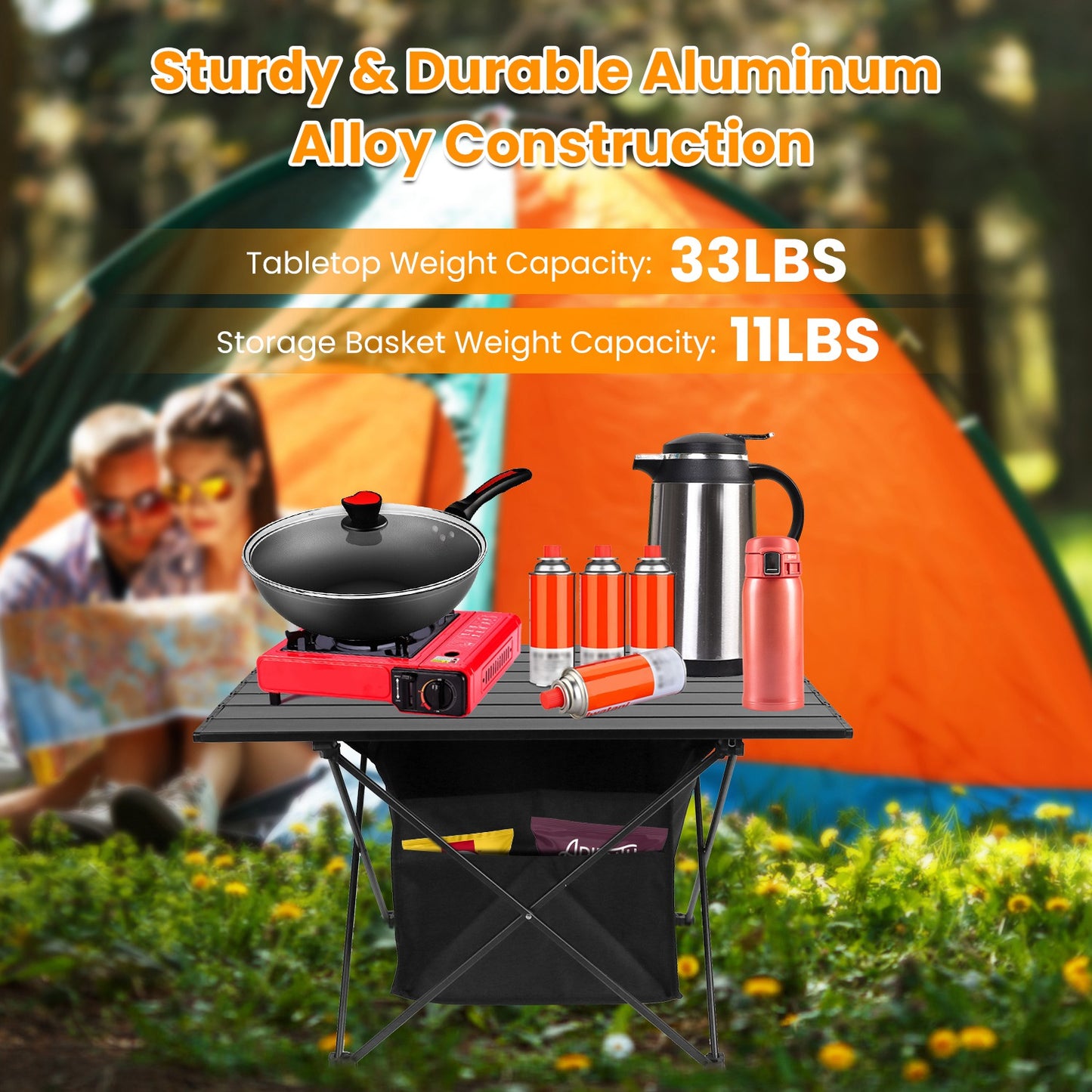 Foldable Camping Table with Storage Basket - Portable Aluminum