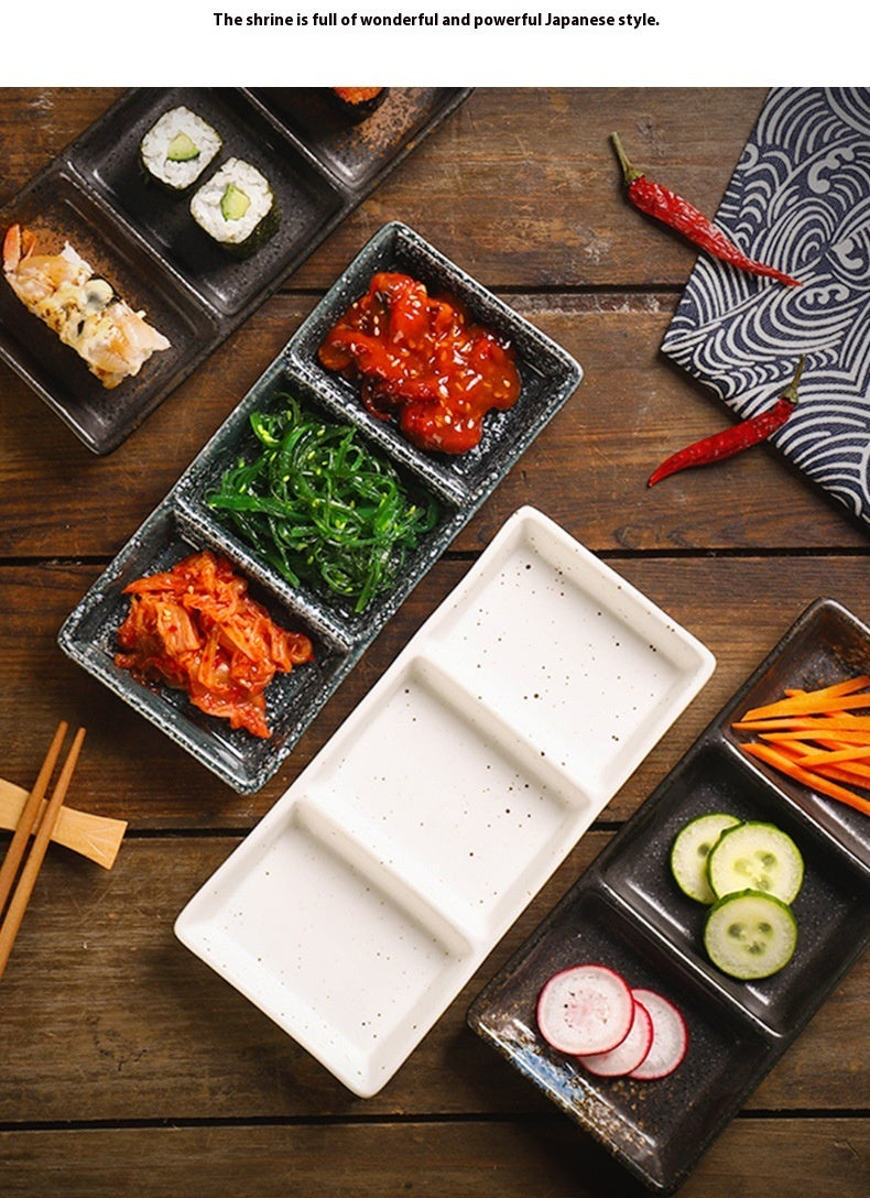 Rectangular Ceramic Sauce Dish with Three Grid Sections - Japanese Style Kitchenware