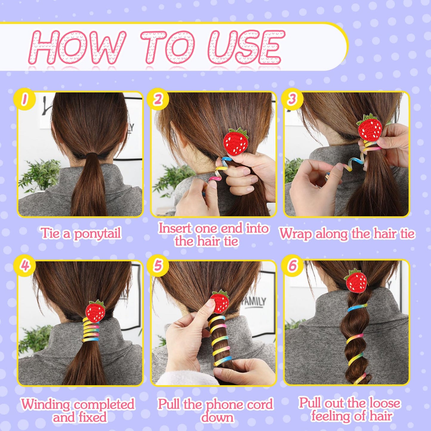 6-Pack Colorful Spiral Hair Ties - Rainbow Telephone Wire Bands