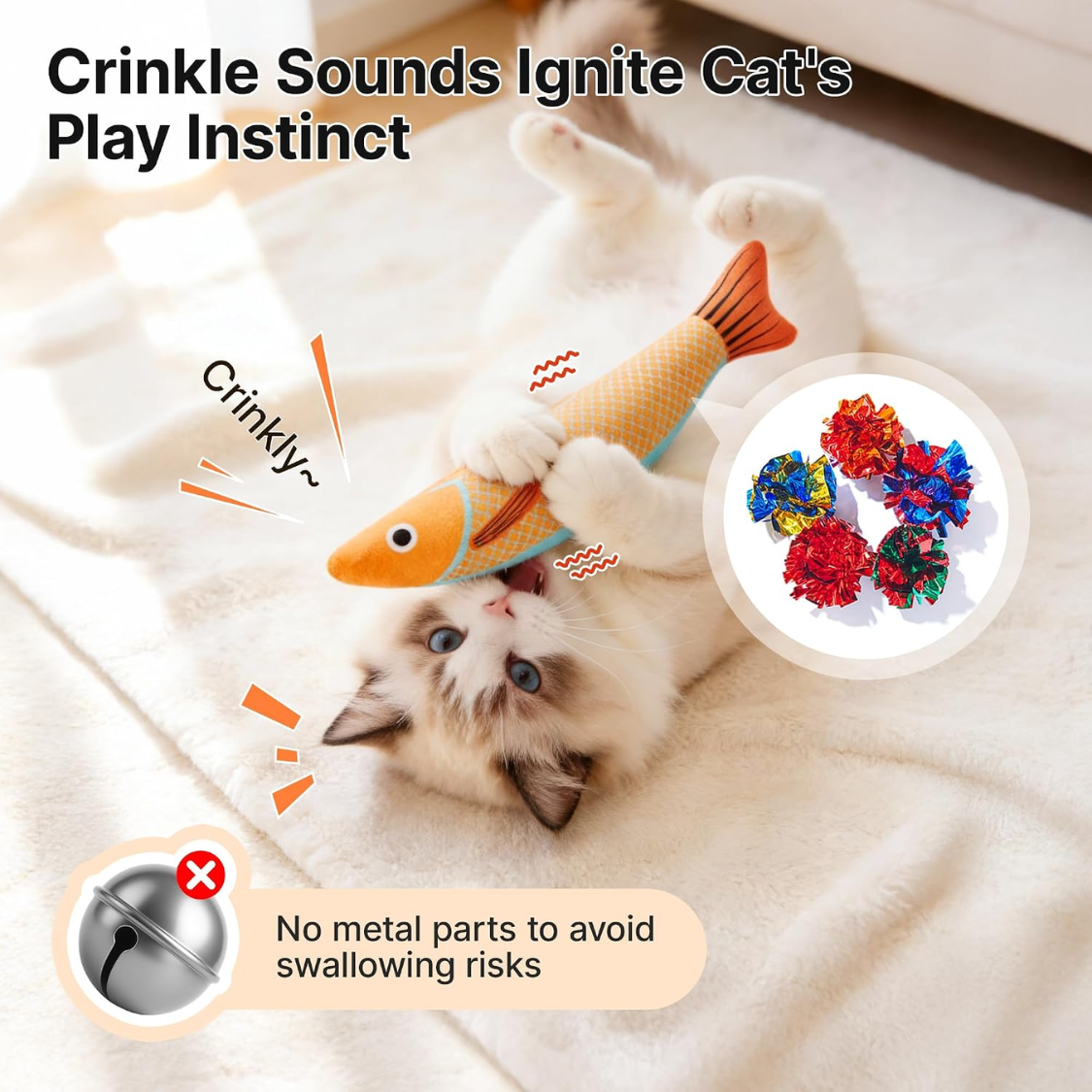 Interactive Catnip Fish Toys 3 Pack - Soft Plush, Crinkle Sound, Multicolor Kitten Kicker Toys