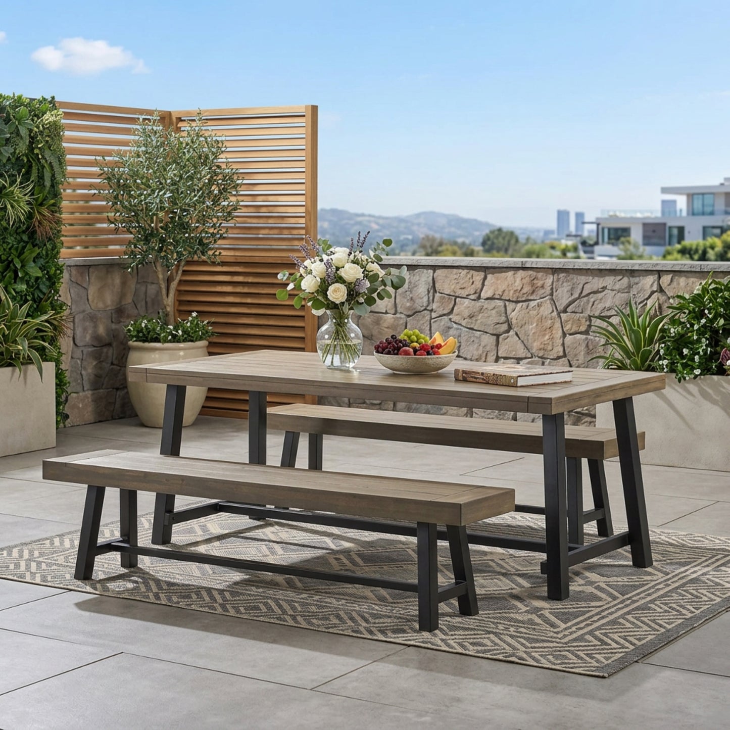 Outdoor Acacia Wood Picnic Dining Set - Gray & Rustic Metal