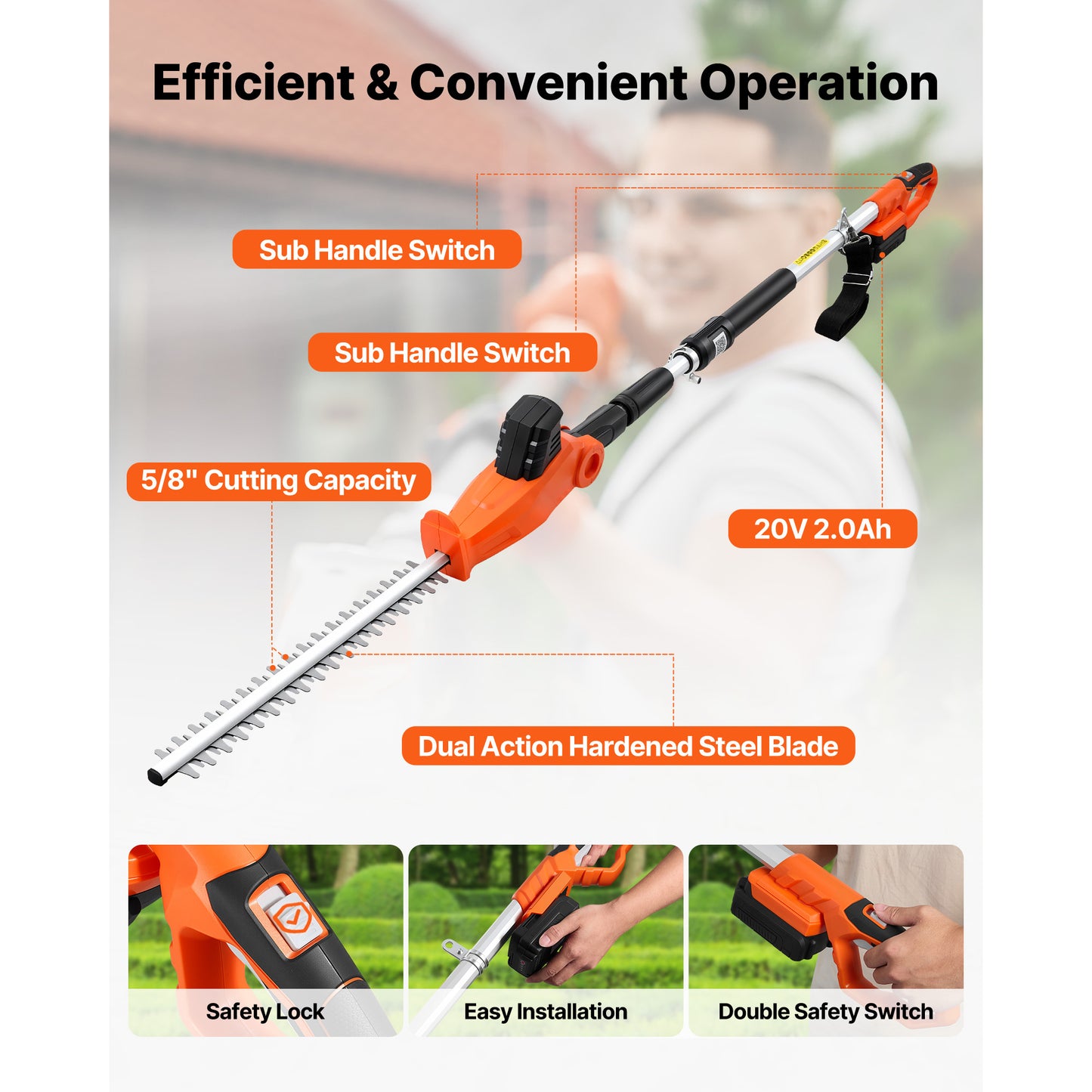 20V Cordless Pole Hedge Trimmer Kit with 18-Inch Steel Blade & Telescoping Reach