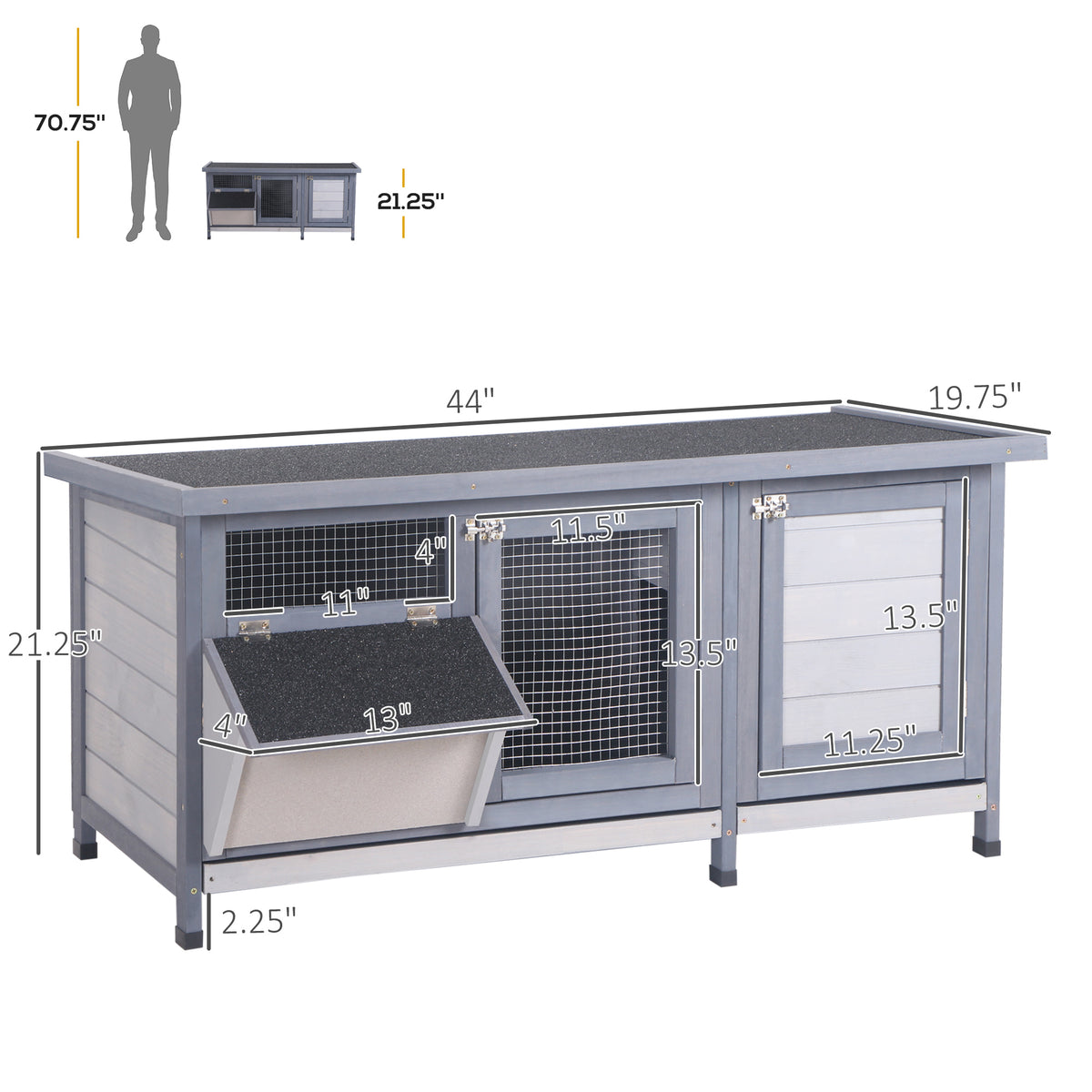Wooden Rabbit Hutch Cage with Waterproof Roof & Feeding Trough - Gray, 1195x150x545mm