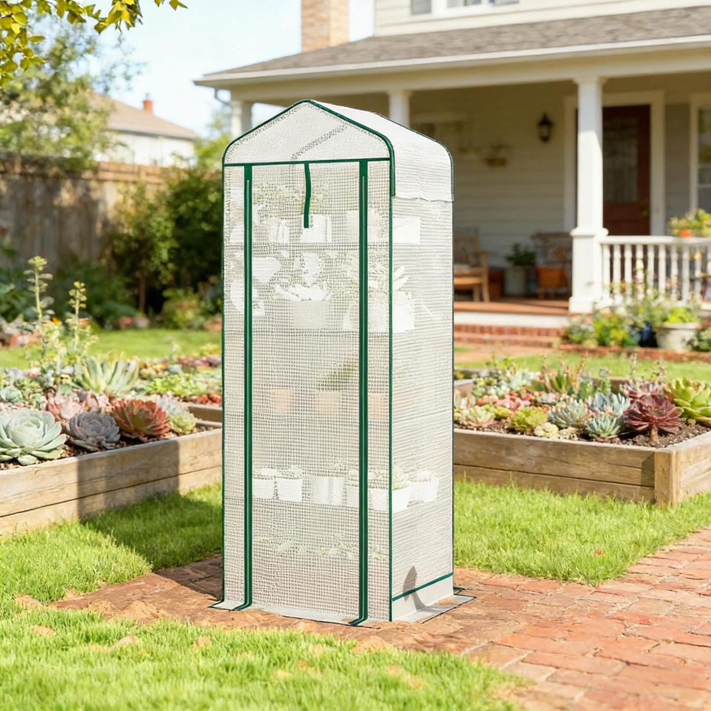 Portable Mini Greenhouse with Five-Tier Plant Shelf - Dark Green & White