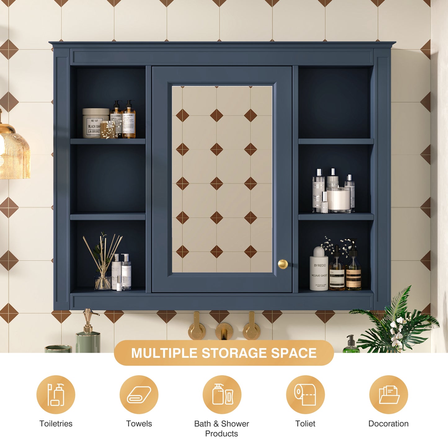 35'' x 28'' Wall Mounted Bathroom Storage Cabinet with Mirror - Blue
