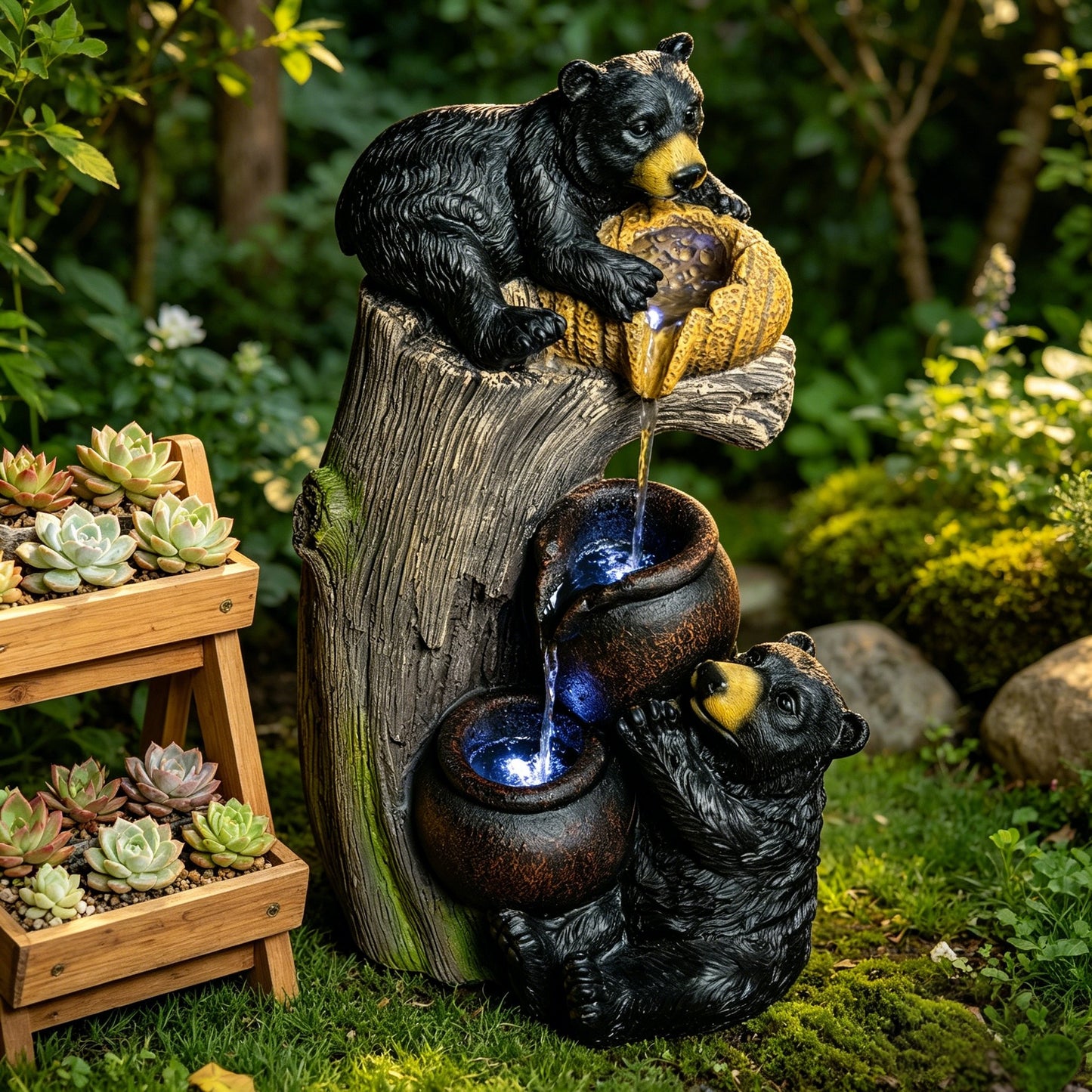 Bear Outdoor Water Fountain with LED Lights, Cascading Garden Decor, 23.6 Inches