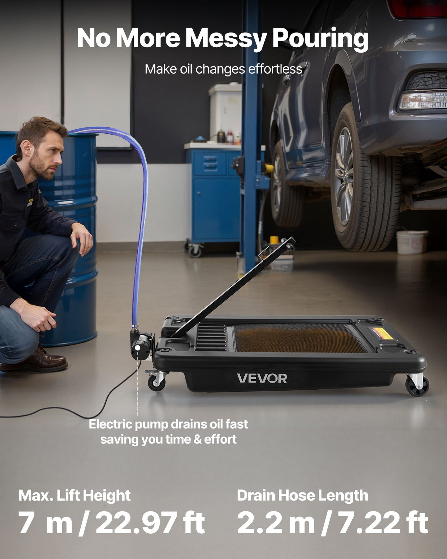 17 Gallon Low Profile Oil Drain Pan with Electric Pump & Hose - Leak-Proof, Corrosion-Resistant, Mobile for Cars & Motorcycles