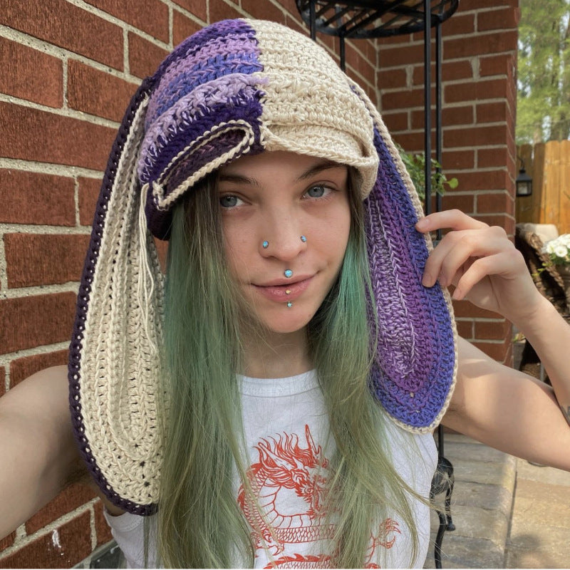Knitted Rabbit Ear Mask Hat - Funny One-Eye Exposed Horn Thermal & Windproof