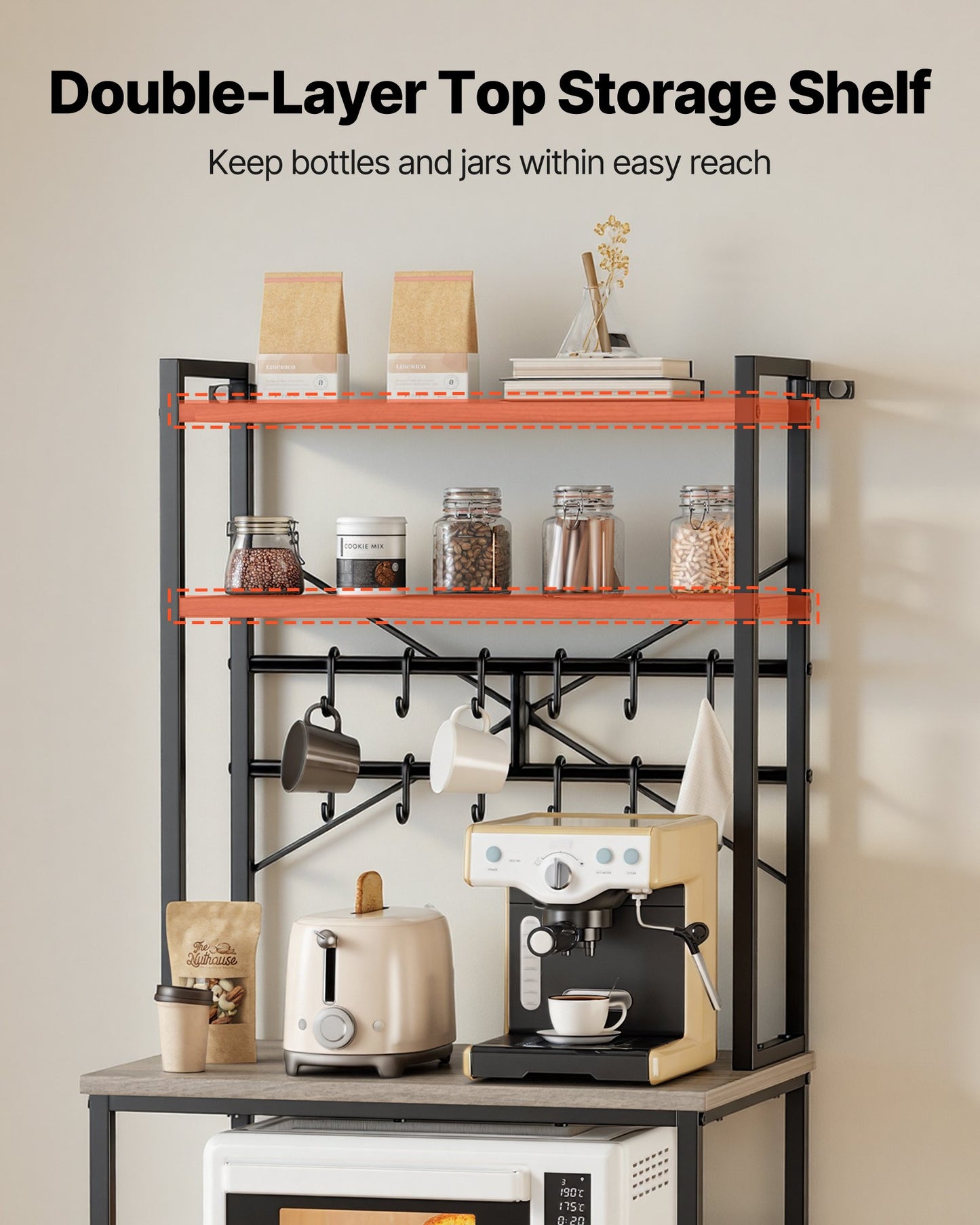 Kitchen Bakers Rack with X-Shaped Support and Hooks, 23.6 Inch Width, Black