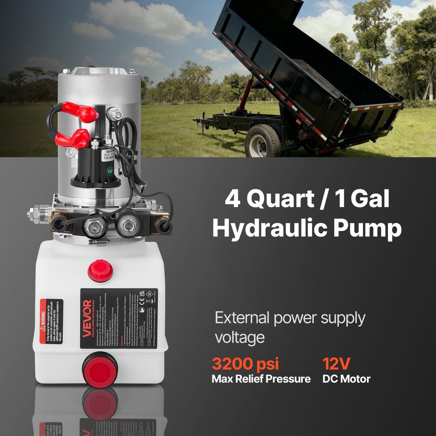 4 Quart Hydraulic Power Unit for Dump Trailer 3200 PSI 12V Pump Black