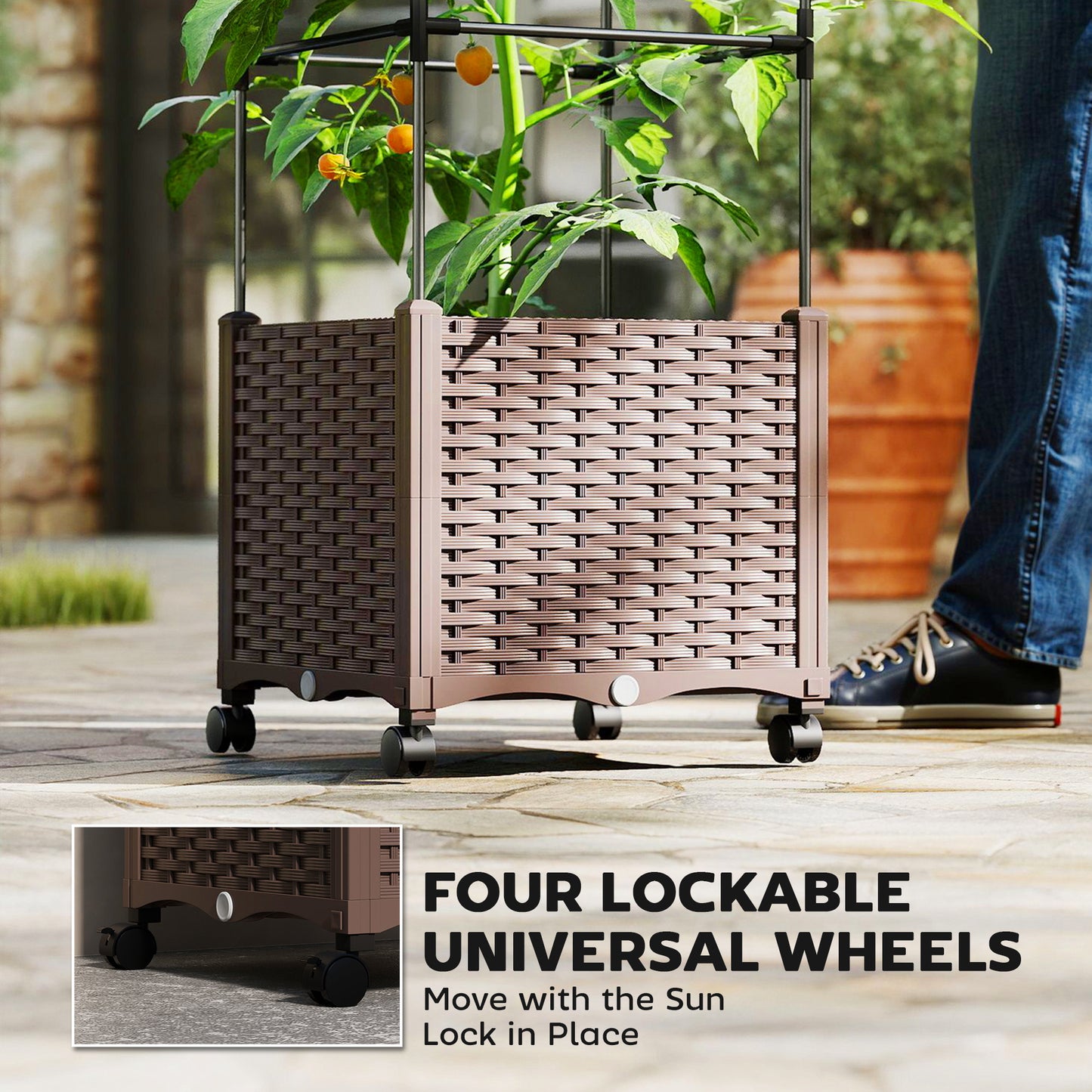Raised Garden Bed with Trellis and Lockable Wheels - Self Watering Planter, Brown, 440x440x160mm