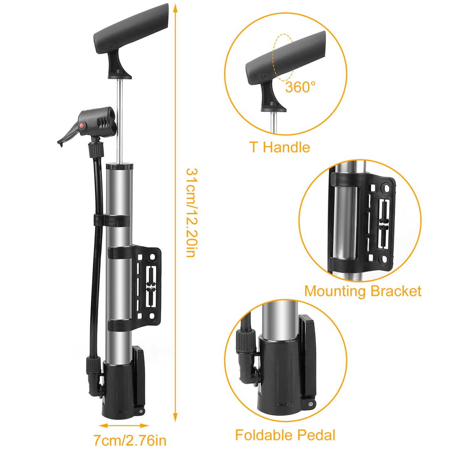Portable Mini Bike Tire Inflator with Mounting Bracket - Silver