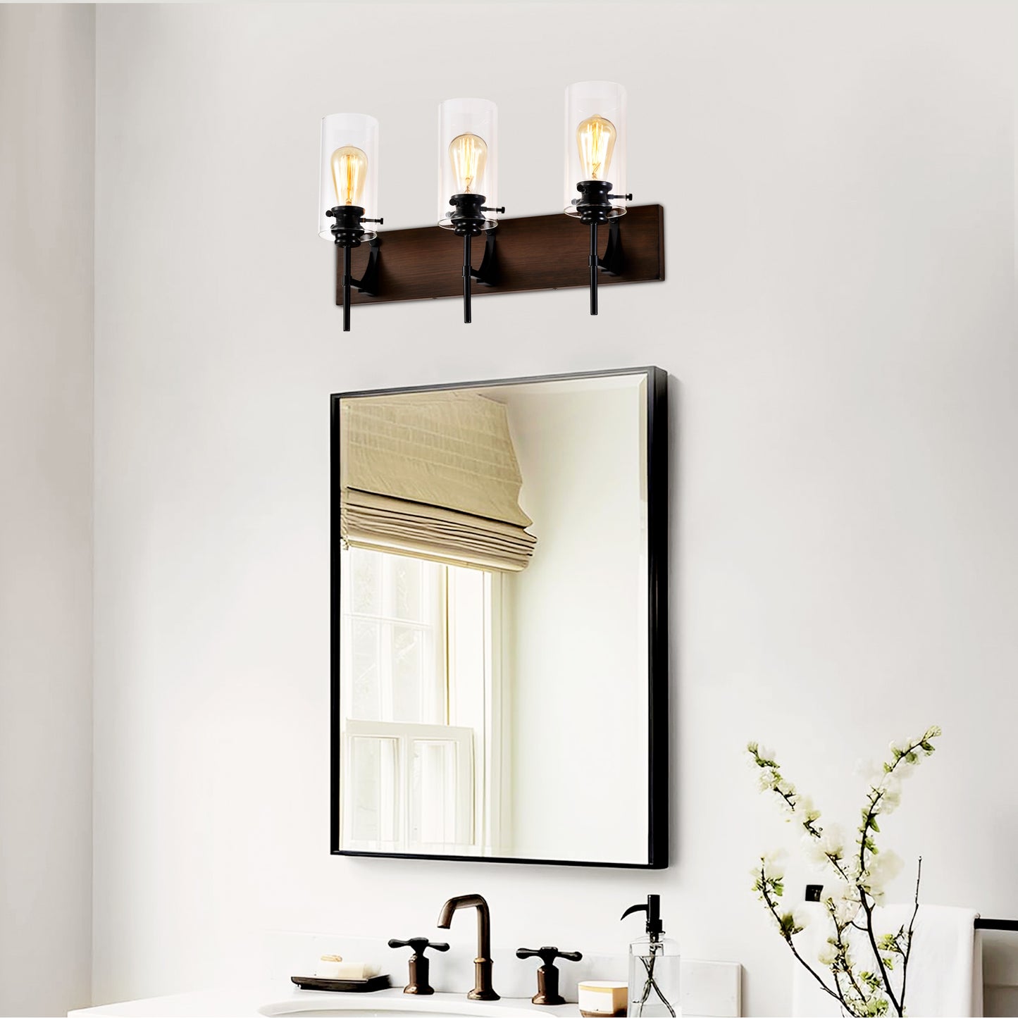 3-Light Matte Black Wood Bathroom Vanity Light with Glass Shades