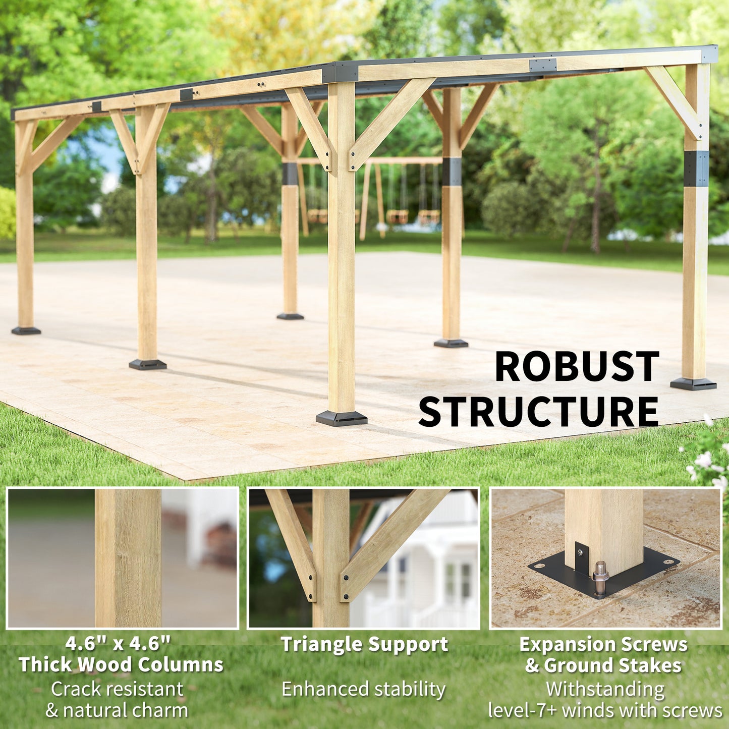 20' x 10' Wooden Lean-To Gazebo with Galvanized Steel Roof - Light Walnut