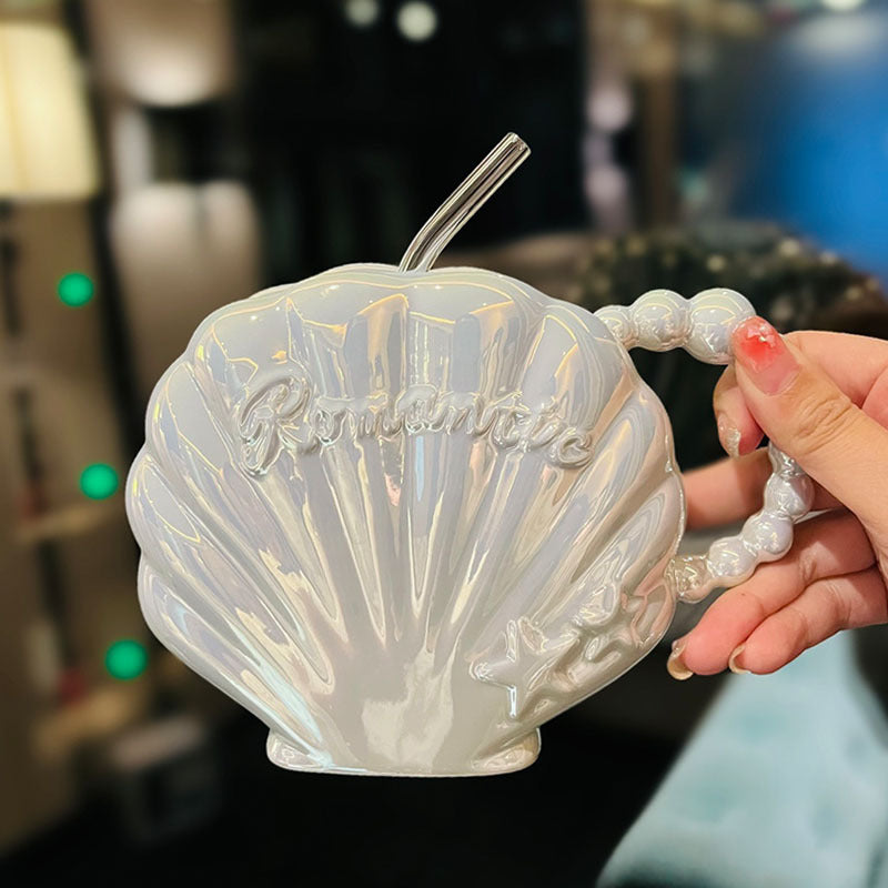 Ceramic Cup with Straw 450ml - Elegant Pearl Shell Design for Kitchen & Home Use