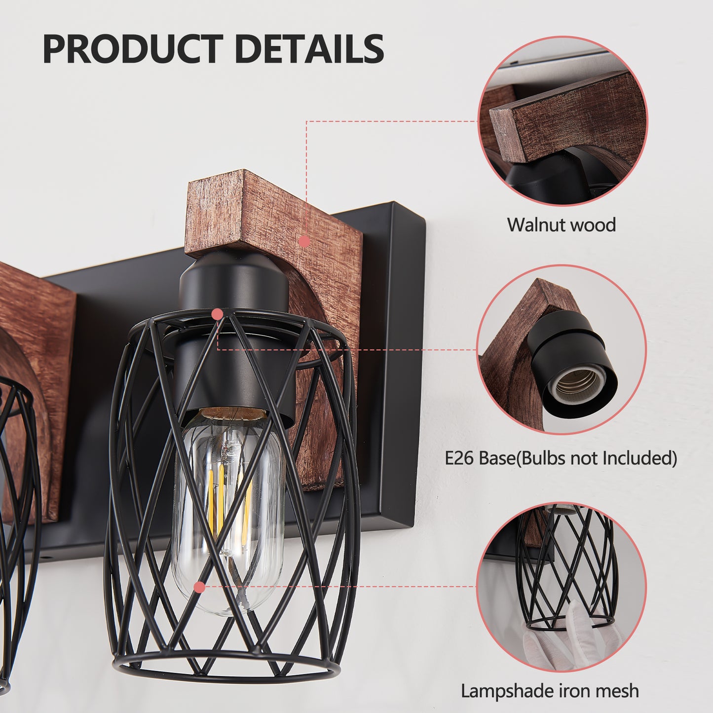 Vintage Industrial 3-Light Wall Sconce - Black Metal & Wood Accent