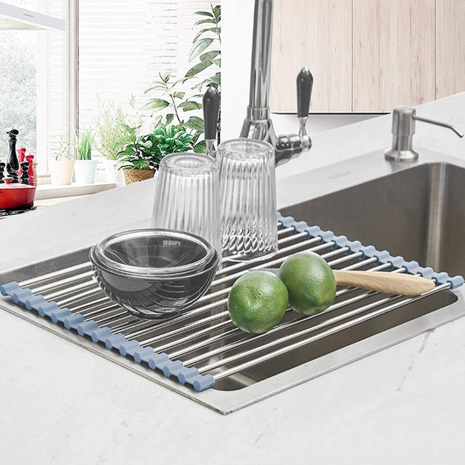 Over-the-Sink Dish Drying Rack - Foldable Stainless Steel Mat