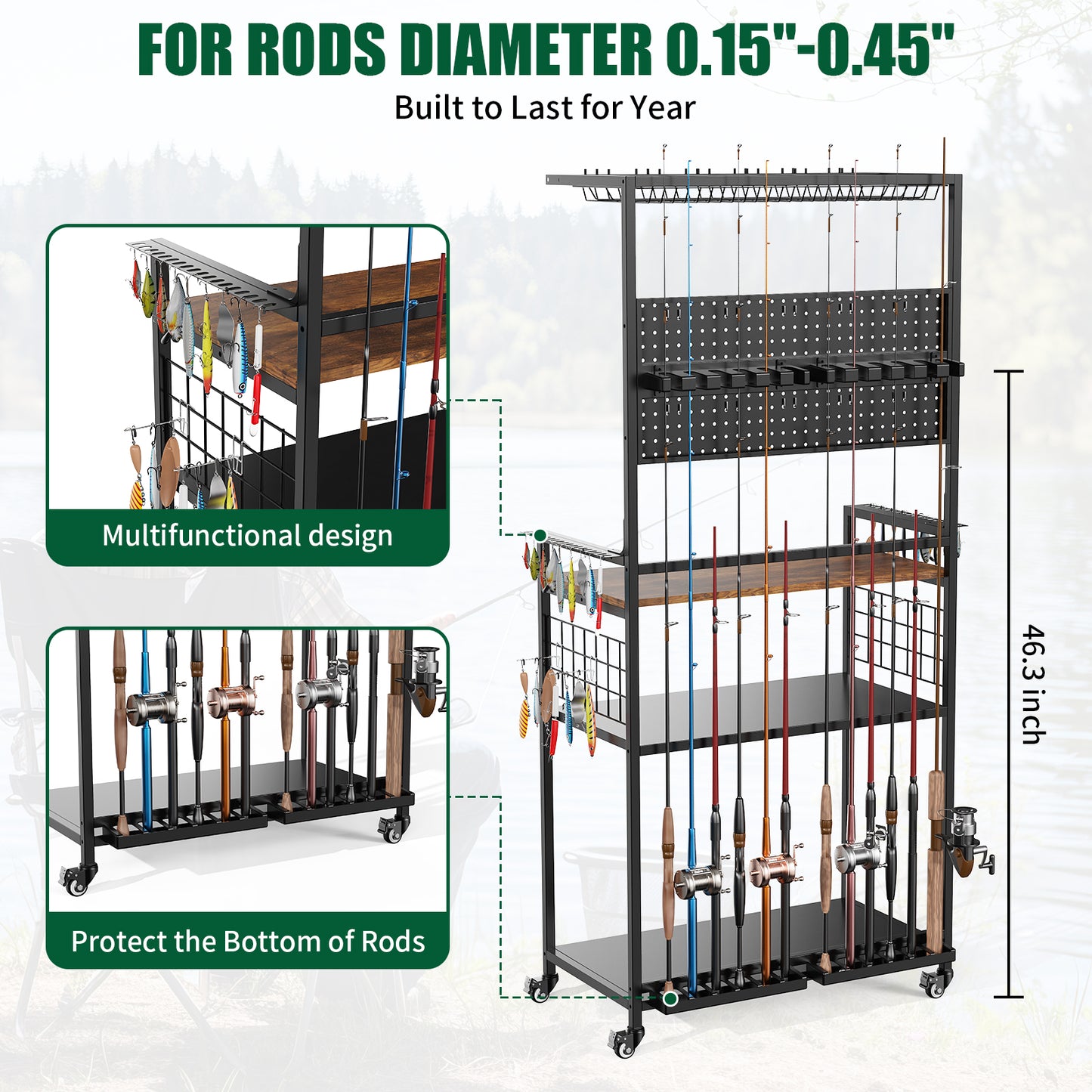 Fishing Rod Storage Rack with Pegboard - Rolling Tackle Organizer Cart