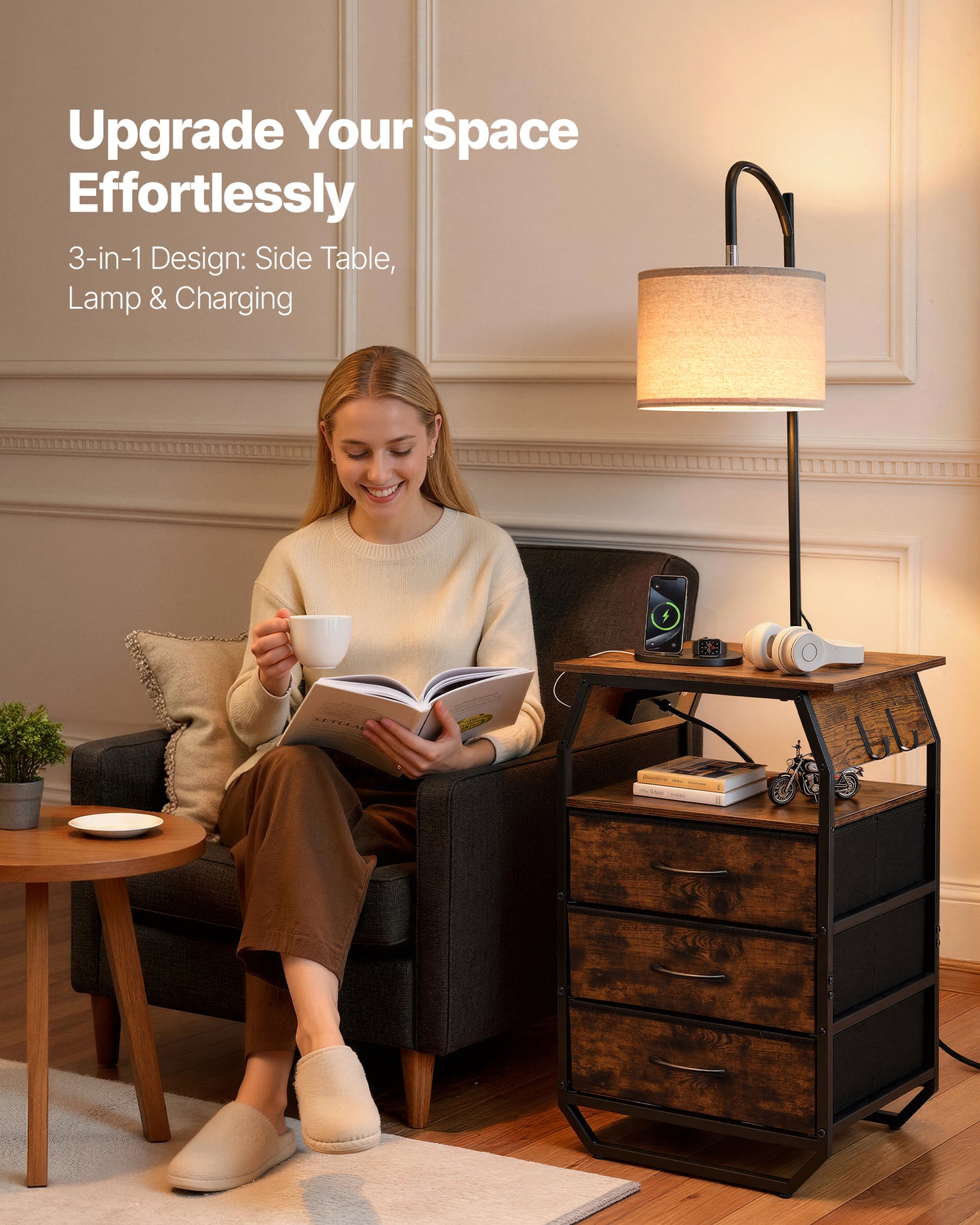 Floor Lamp With Table and 3 Drawers - Modern Bedside Nightstand with USB & USB-C Charging Port
