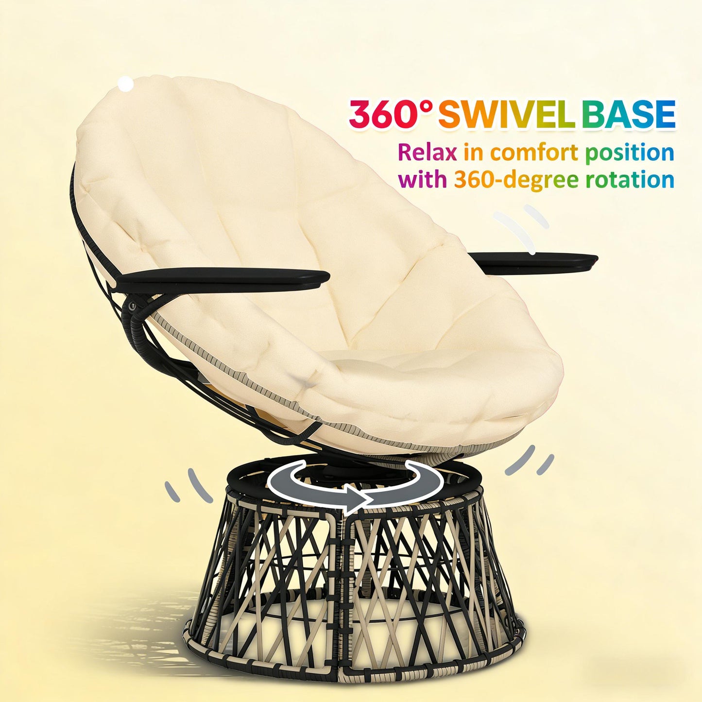 Swivel Papasan Chair - Outdoor Seating with Side Tray - Beige & Dark Gray