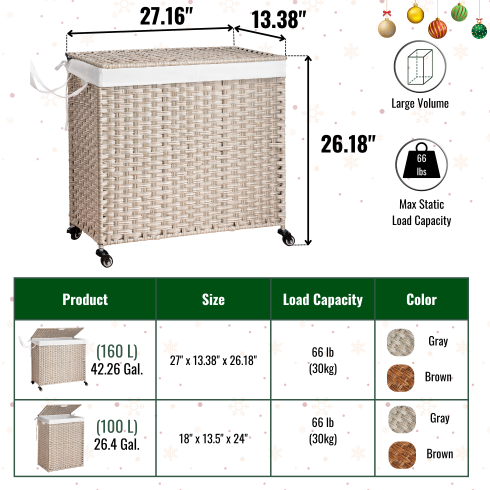 Laundry Hamper with Lid and Wheels - 160L Gray Rattan