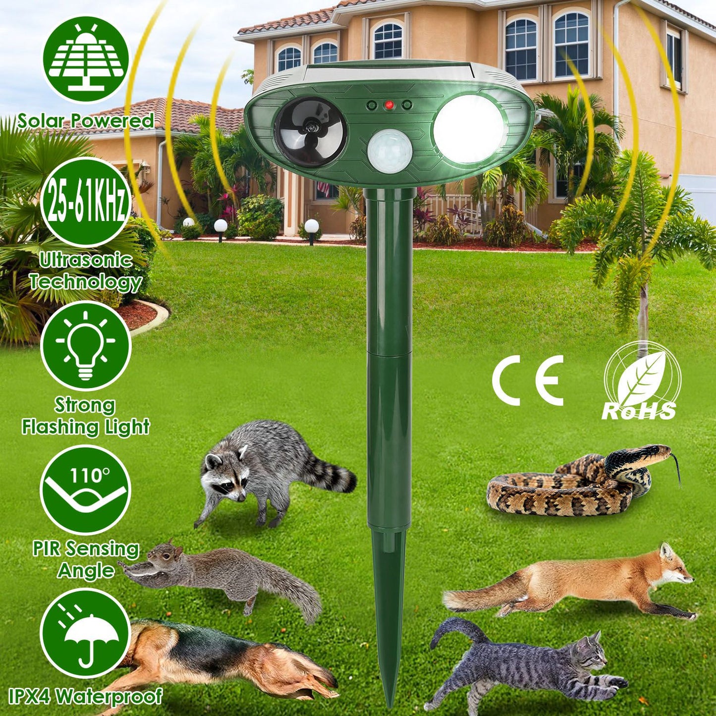 Solar Ultrasonic Animal Repeller with LED Flashing Light