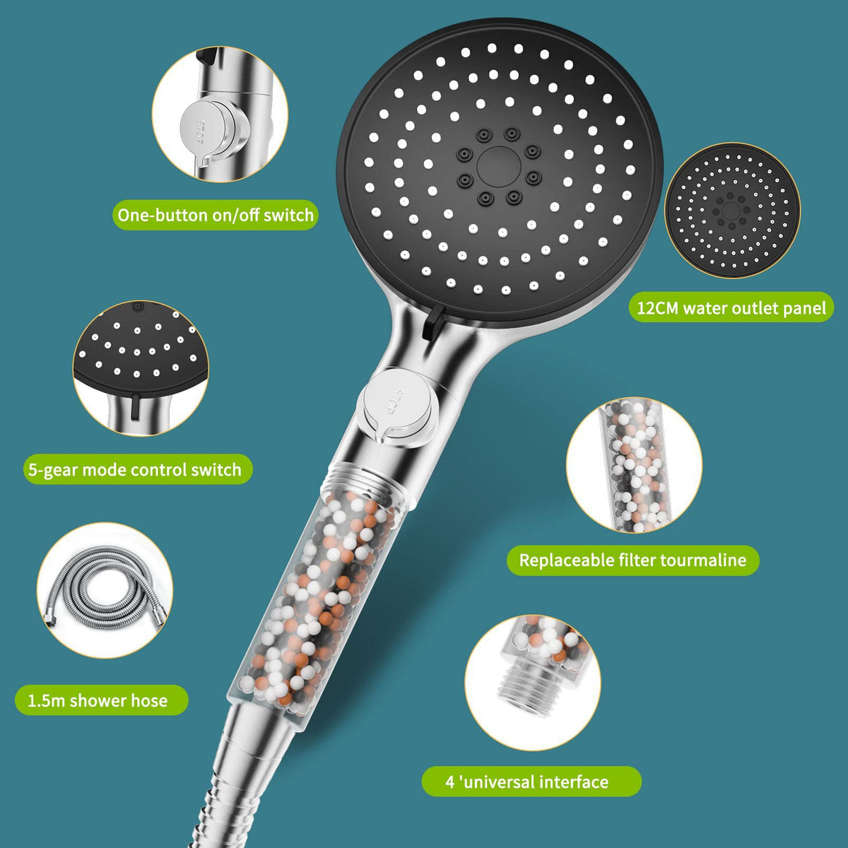 Handheld Shower Head with 1.5m Hose and On/Off Button - Black