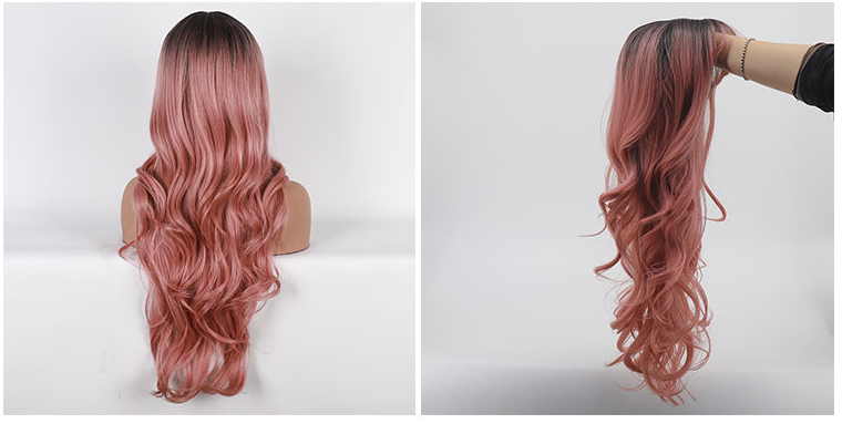 Long Curly Hair Wig with Bangs - Pink