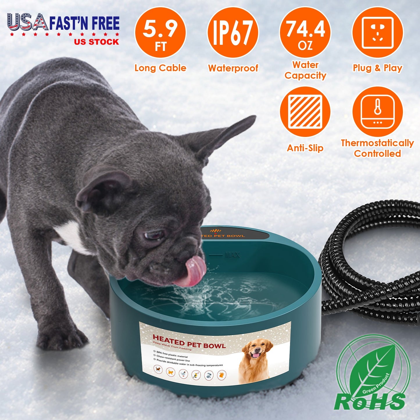 Heated Water Bowl for Dogs & Cats - 74.4oz IP67 Waterproof