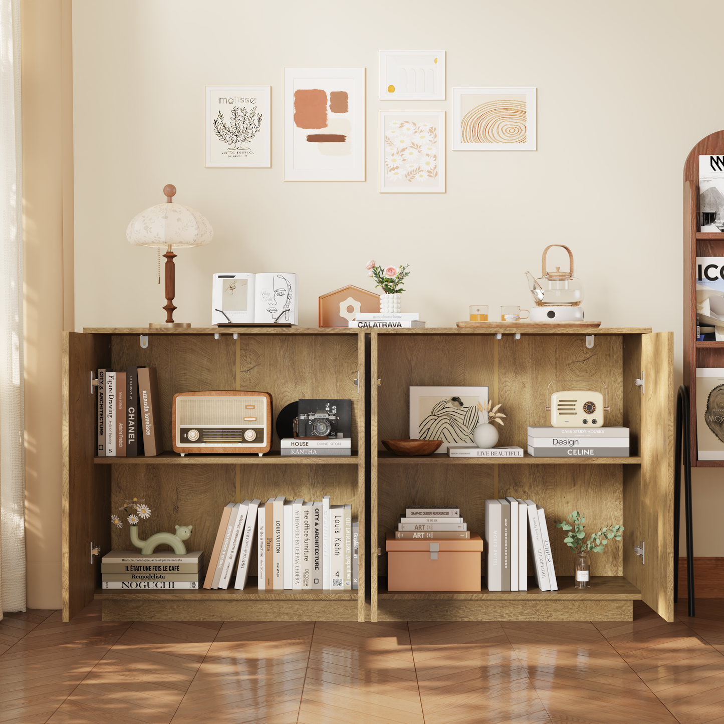 Natural Wood Sideboard Buffet Cabinet with 4 Doors & Adjustable Shelves