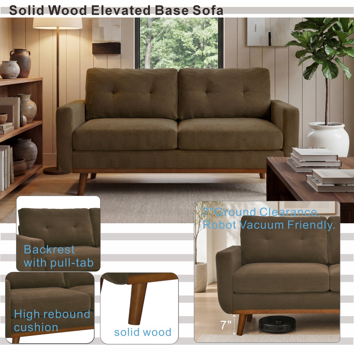 65-Inch Modern Minimalist Loveseat with Nubby Upholstery - Coffee