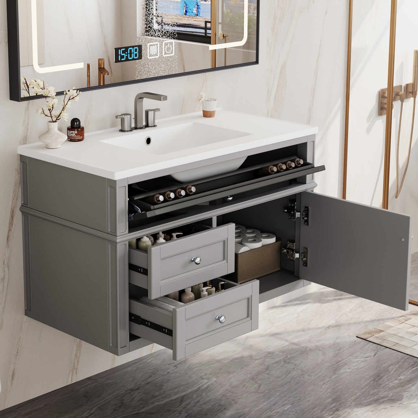 36-Inch Wall-Mounted Bathroom Vanity with Ceramic Sink & Drawers - Gray