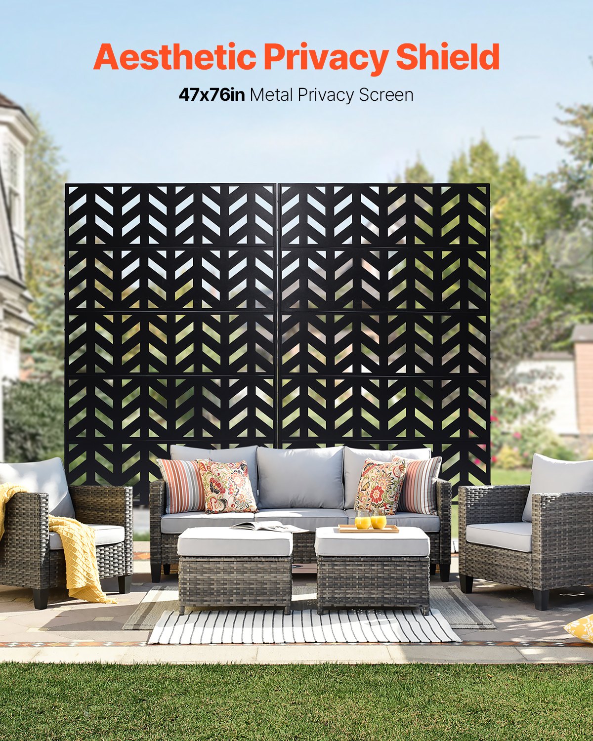 Metal Privacy Screen 47x72 Inches Outdoor Freestanding Garden Barrier - Black