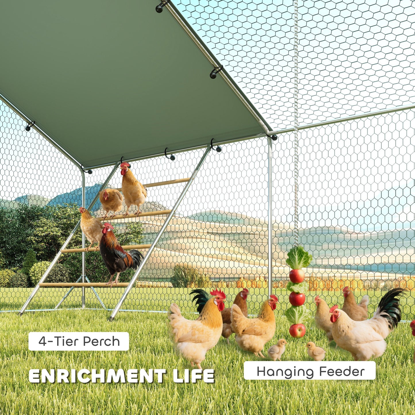 Metal Chicken Run with Waterproof Cover, Feeding Door & Hanging Feeder - Fits 18-24 Chickens, Silver 1980x380x180 mm