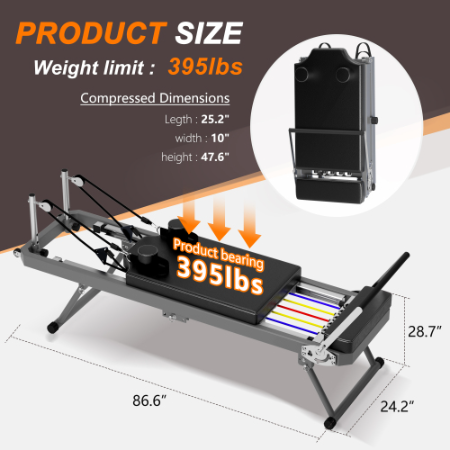 Extra Large Pilates Reformer - Multi-functional Home Fitness Equipment, 395lbs Capacity, Black