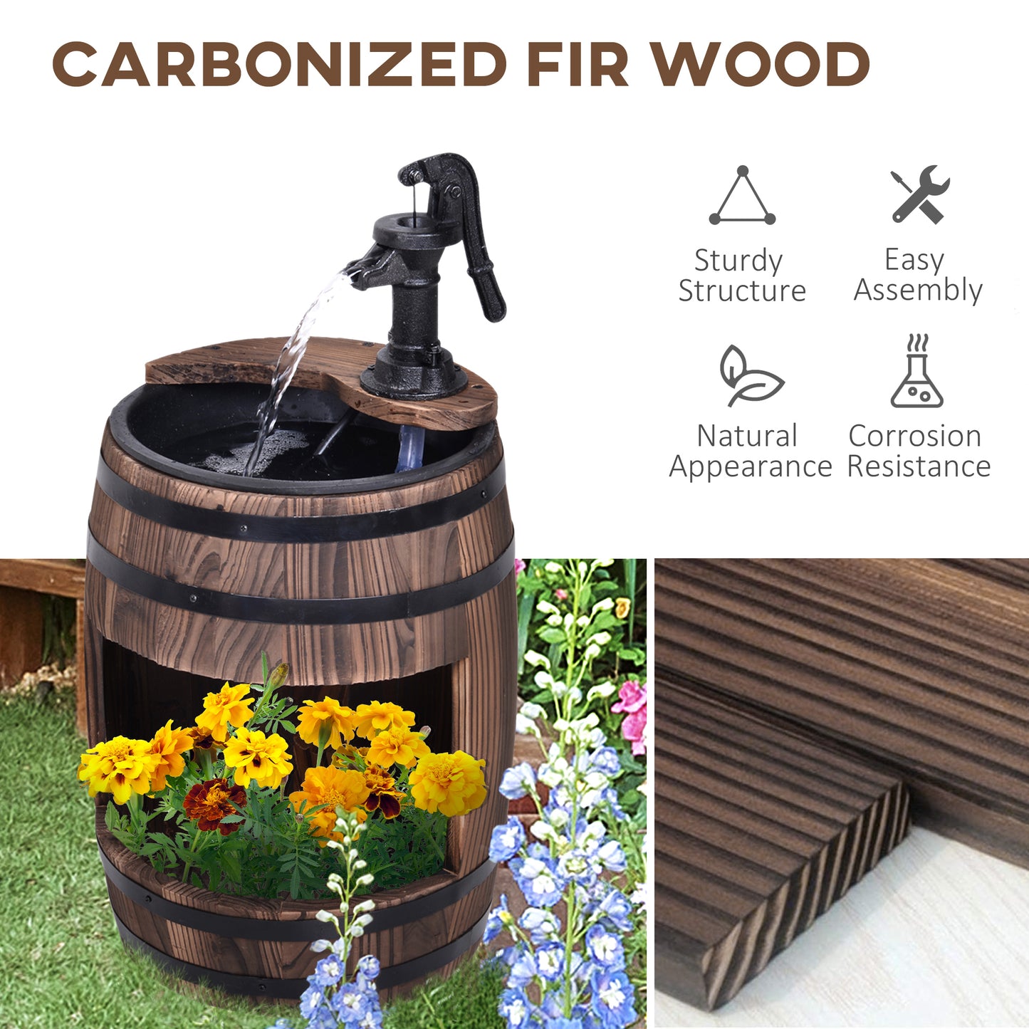 Outdoor Wooden Water Fountain Pump Garden Decor - 23 Inch, Rustic