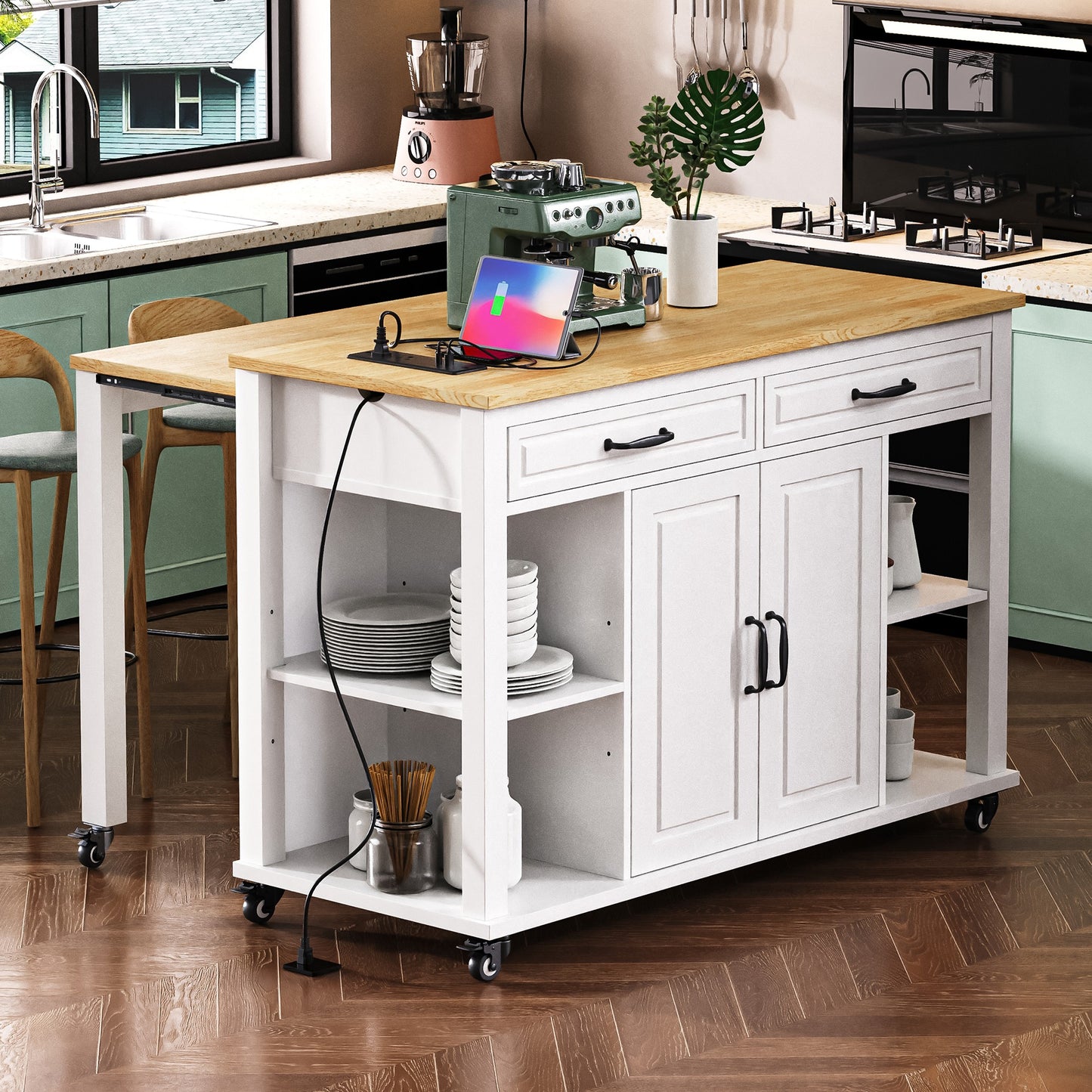 K&K 47 Inch Kitchen Island With Extendable Dining Table, Rubber Wood