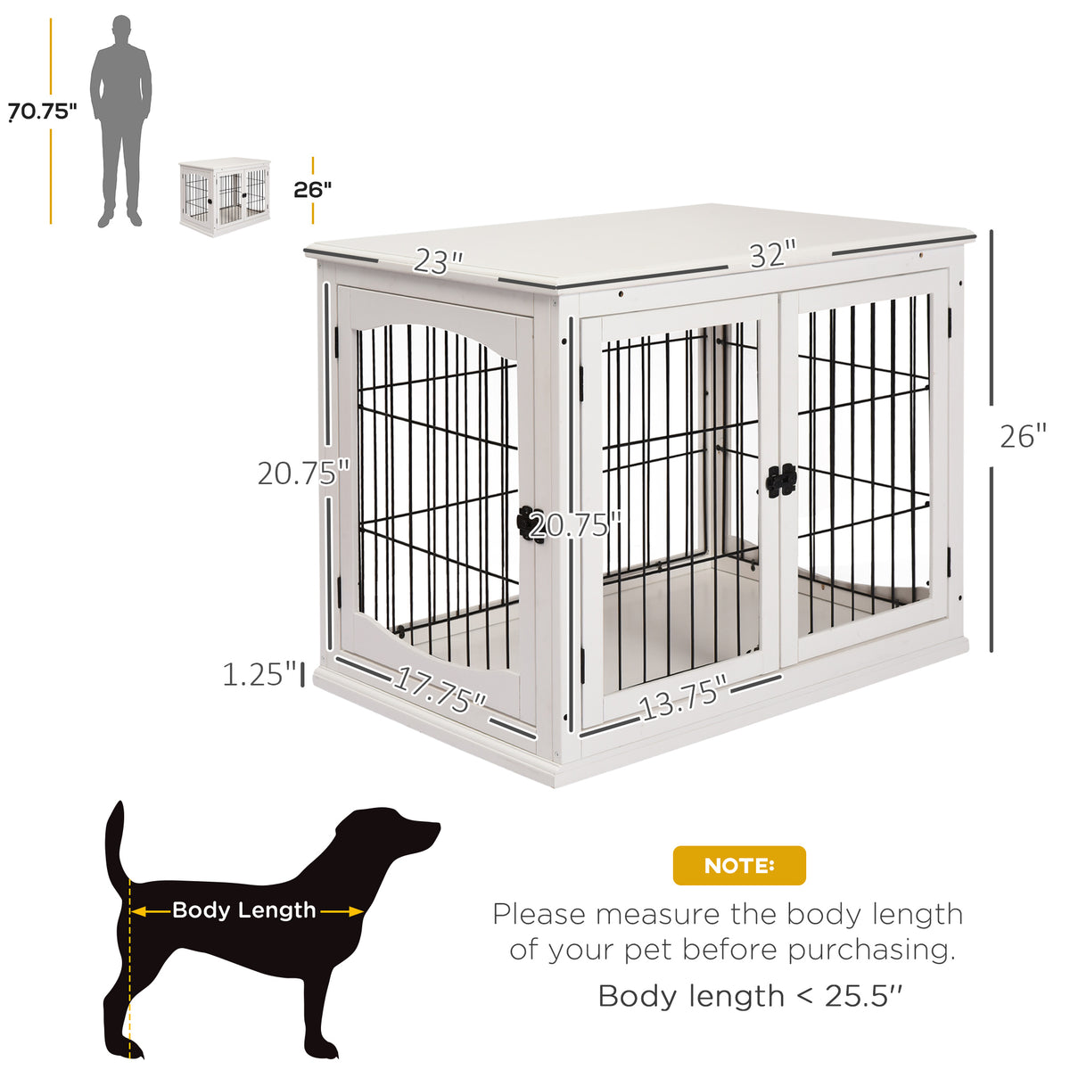 Small Dog Crate End Table with Doors, Lockable Pet Kennel - White, 32"