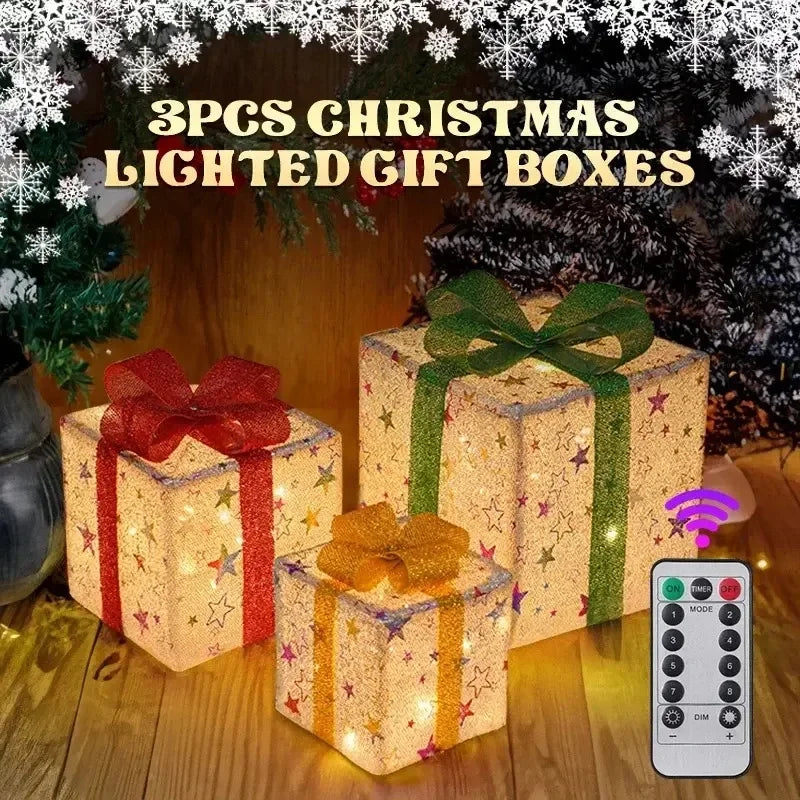 Lighted Christmas Gift Boxes Set of 3 with Remote & Bow Decor - Indoor Outdoor Holiday Decor