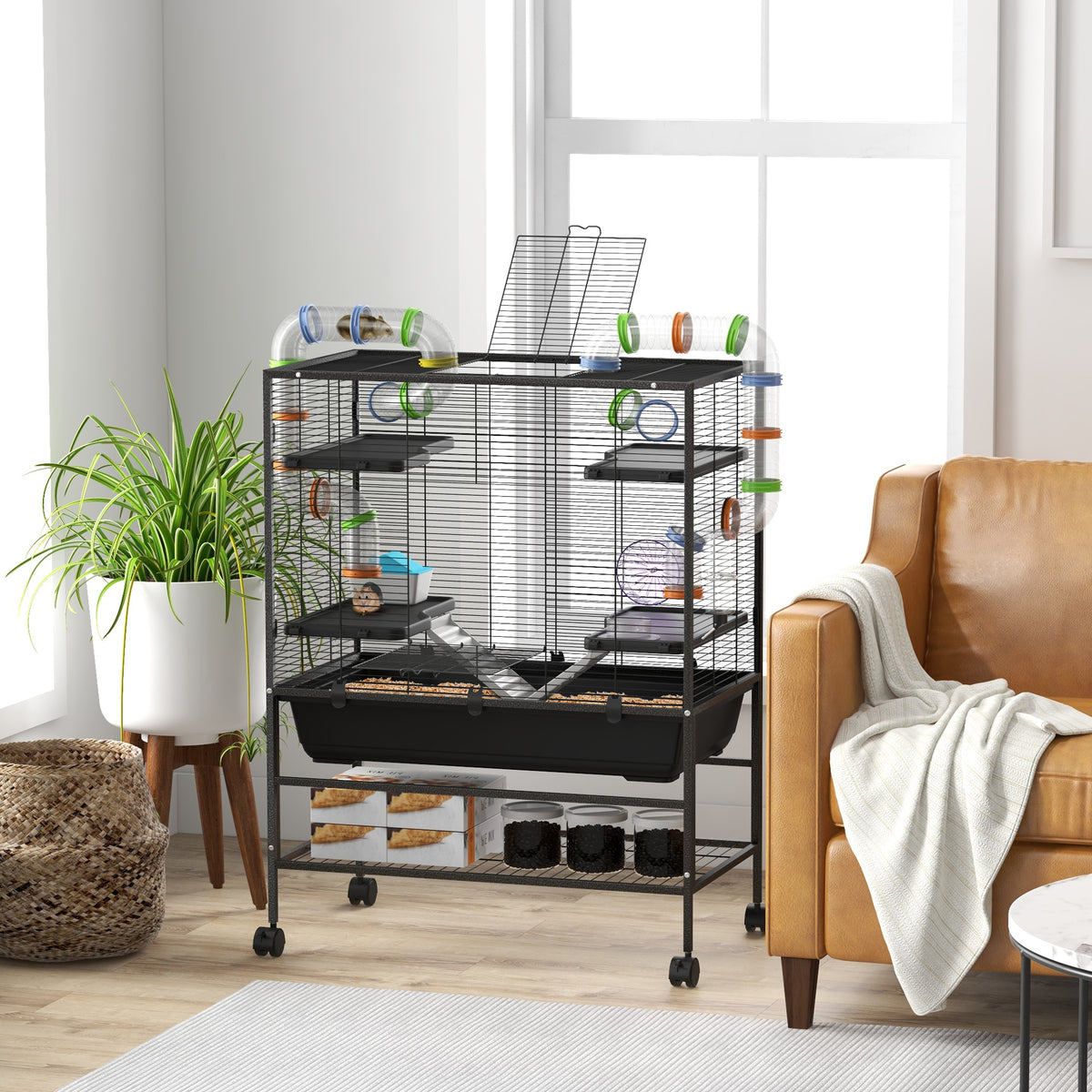 Small Animal Cage for Hamsters and Gerbils with Tubing, Wheel & Ramps